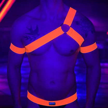 Mens Spartan Style Chest Harness with Bicep Bands - Neon Orange