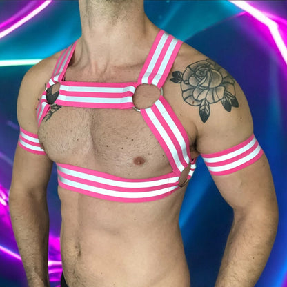 Men's Hi-Vis Reflective Chest Harness with Bicep Bands - Neon Pink