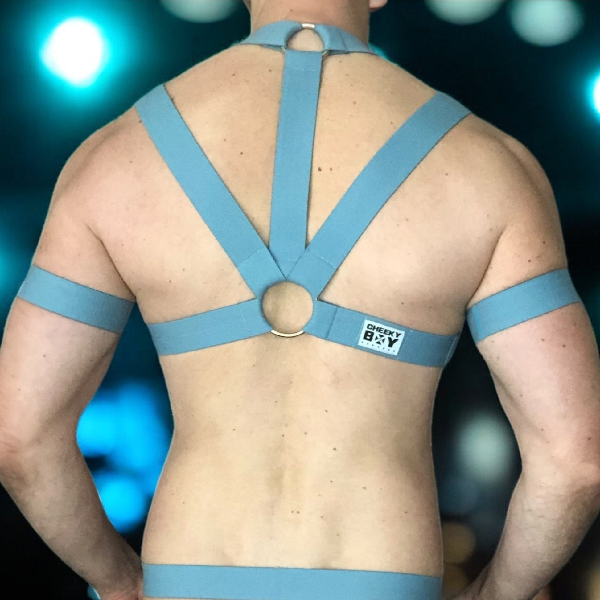 Man wearing a custom-fit pale blue elastic chest and body harness with matching bicep bands, featuring metal rings. Styled with white mesh jockstrap underwear. Handmade by Cheeky Boy Harness