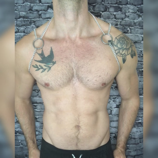 Mens Silver Chain Harness with optional clip on chest loops by cheeky boy harness. 
