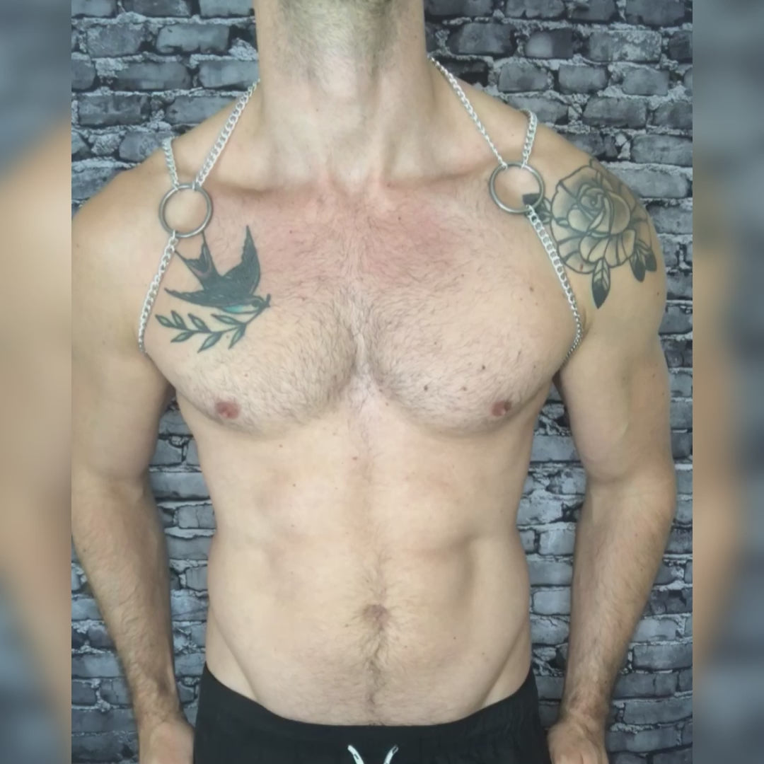 Mens Silver Chain Harness with optional clip on chest loops by cheeky boy harness. 