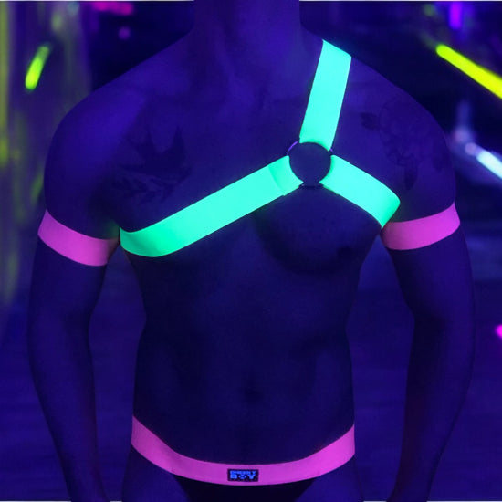 None yellow and pink spartan style chest harness set with jockstrap and thigh bands products video with model