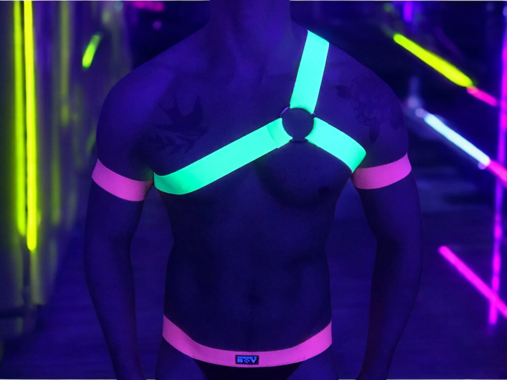 None yellow and pink spartan style chest harness set with jockstrap and thigh bands products video with model