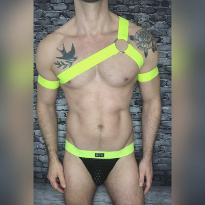 Mens Spartan Style Chest Harness with Bicep Bands - Neon Yellow