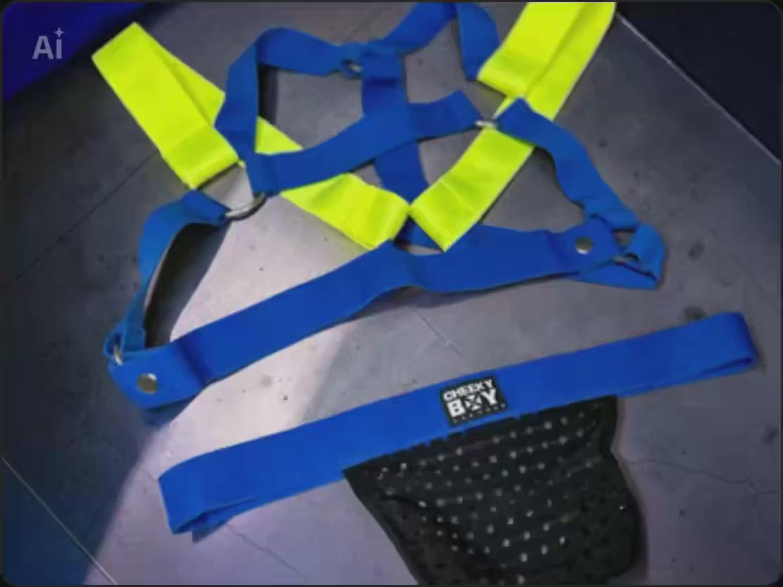 royal blue and neon yellow chest harness set showing elastic straps, metal rings, removable popper strap, bicep bands and optional black mesh jockstrap video
