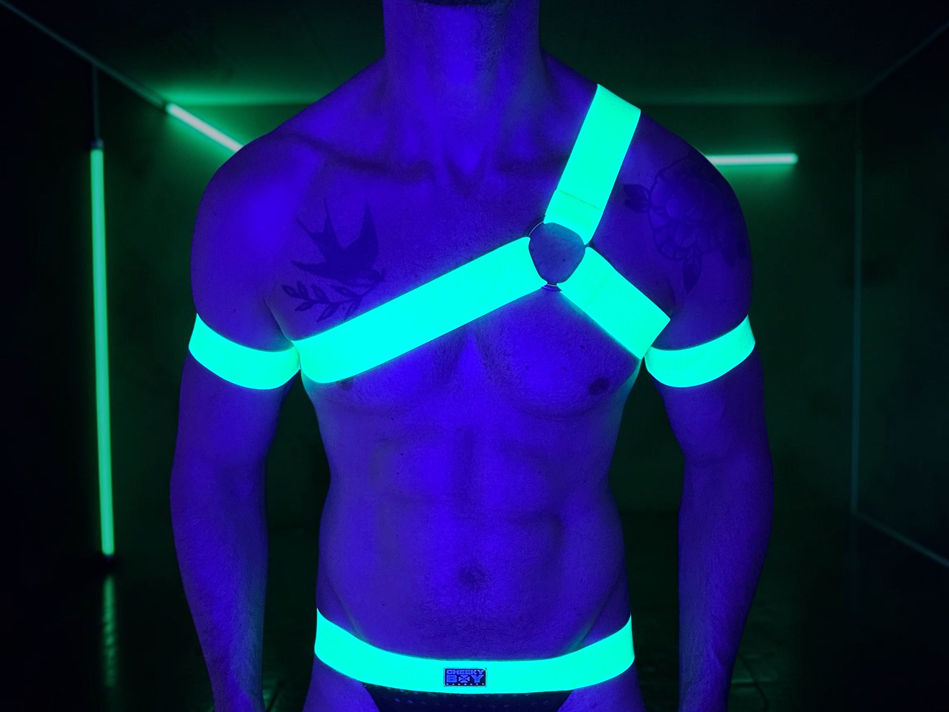 None green spartan style chest harness set with jockstrap and thigh bands products video with model