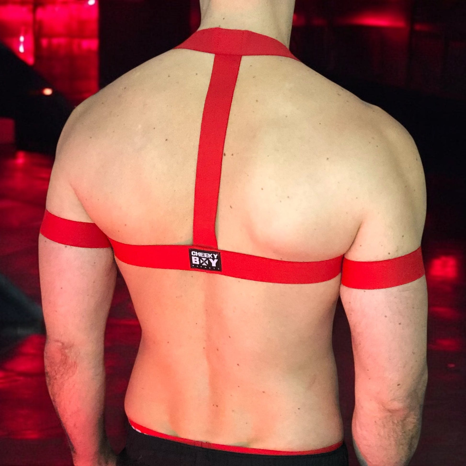 Model wearing a custom-made red elastic chest harness and black mesh jockstrap by Cheeky Boy Harness. Made-to-measure men's festival and clubwear set designed for pride, circuit parties, and dance events