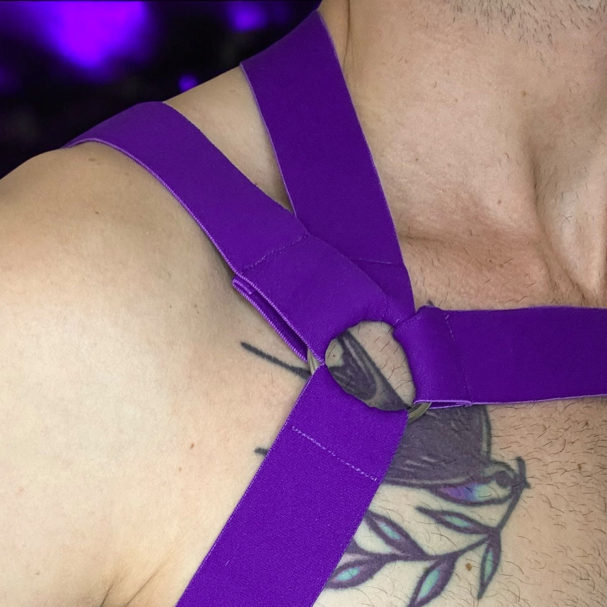 Man wearing a custom-fit purplr elastic chest and body harness with matching bicep bands, featuring metal ring details and diagonal strap design. Styled with black mesh jockstrap underwear. Handmade by Cheeky Boy Harness