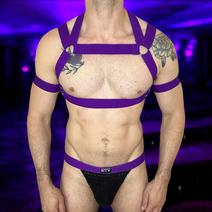 Man wearing a custom-fit purplr elastic chest and body harness with matching bicep bands, featuring metal ring details and diagonal strap design. Styled with black mesh jockstrap underwear. Handmade by Cheeky Boy Harness