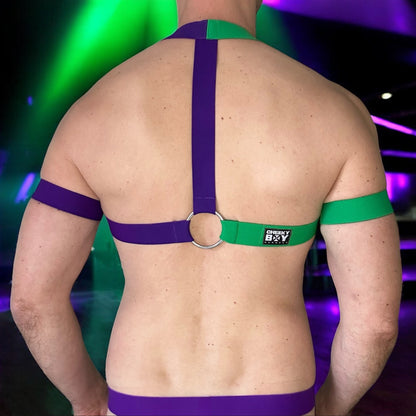 Men’s Body Harness with Bicep Bands - Green/Purple Split