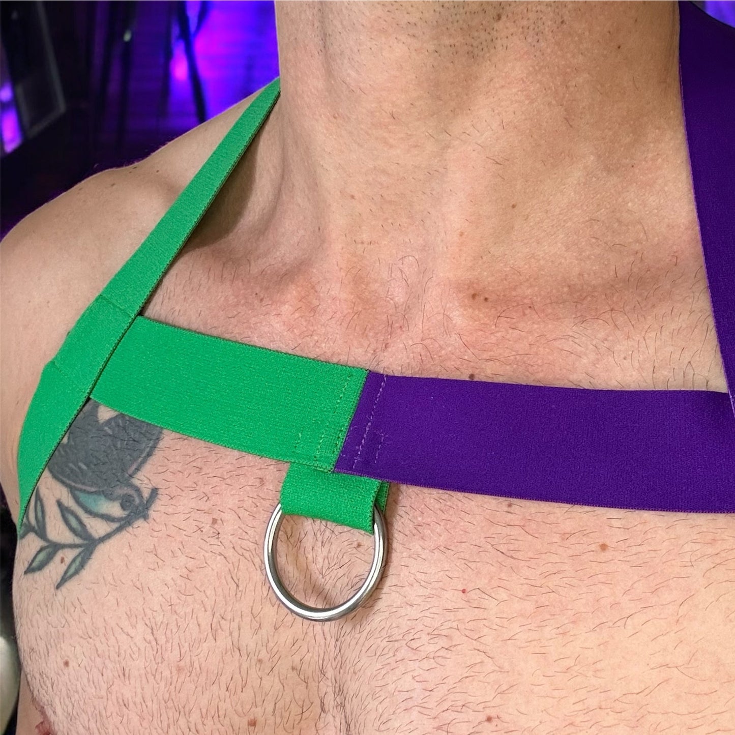 Men’s Body Harness with Bicep Bands - Green/Purple Split